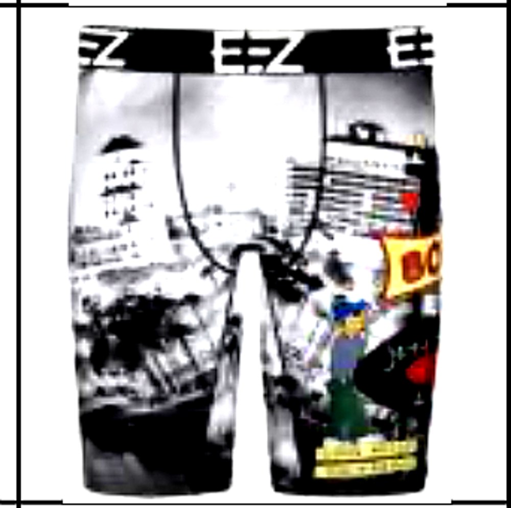 EZ Concrete Jungle boxer briefs – black & white city print, men’s streetwear underwear with comic-style details.